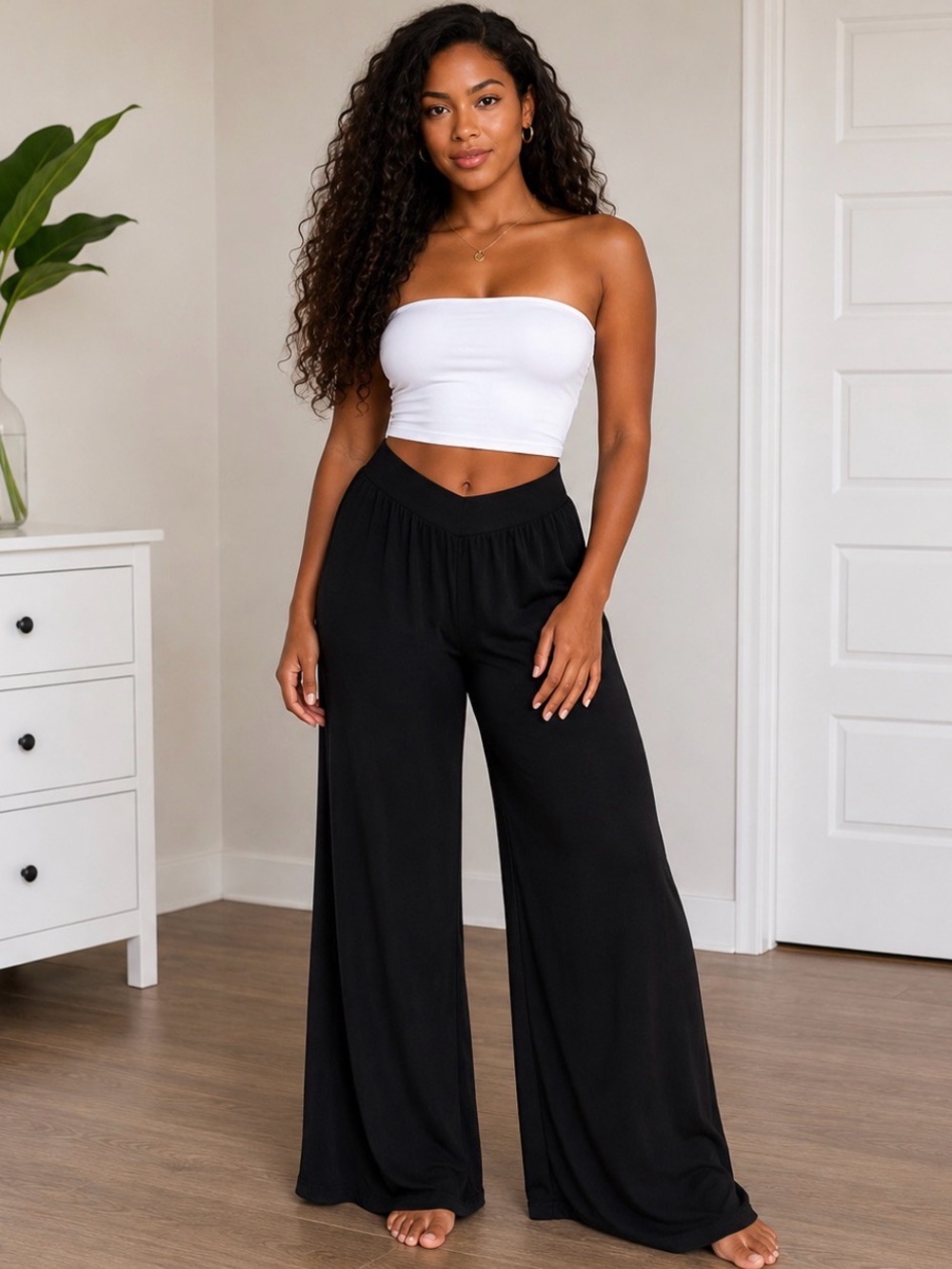 Black Mesh Overlay Wide Leg Pants with Attached Leggings | XL